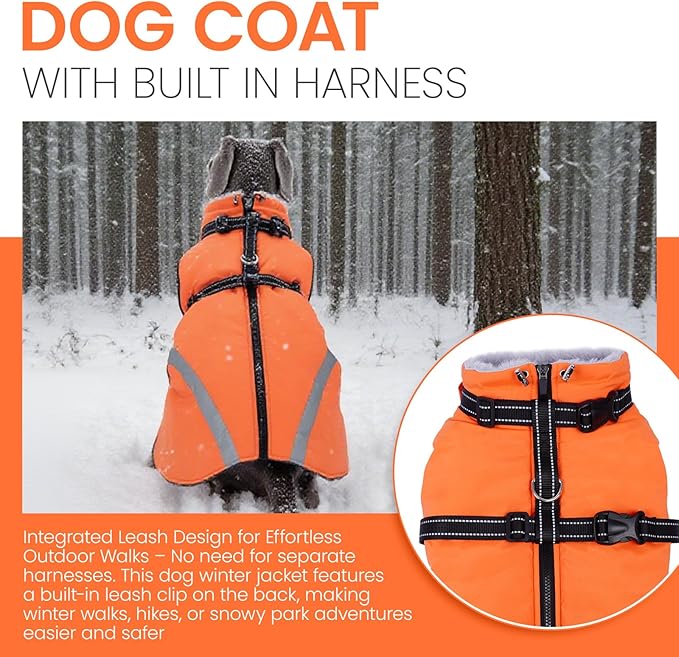QBLEEV Dog Coat for Large Dogs, XL Dog Jacket for Winter Snow Waterproof with Built-in D-Ring Harness, Reflective Warm Thick Fleece Safety Vest, Cold Weather Snowsuit with Zip, Orange, XL