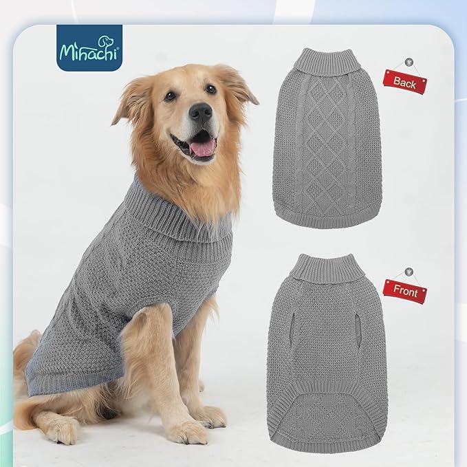 Mihachi Turtleneck Dog Sweater - Winter Coat Apparel Classic Cable Knit Clothes with Leash Hole for Cold Weather, Ideal Gift for Pet in New Year Grey L