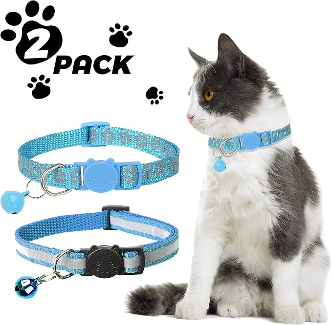 BANMODER 2 Pack Reflective Cat Collar Breakaway with Bell,Personalized Kitten Collars,Adjustable Safety Buckle Collar for Male Cats Girls & Boys (Sky Blue)