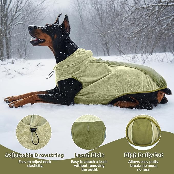 IECOii Great Dane Fleece Dog Sweater, Extra Large Dog Sweater with Leash Hole, Flexible & Good Stretchy Fit for Giant Breeds, Warm Turtleneck Sweatshirt Vest for Big Dogs, Machine Washable, Green, 4XL