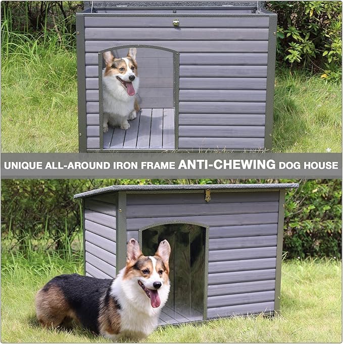 Dog House Outdoor Insulated Dog House for Small Medium Large Dogs, Natural Wood with Iron Frame, Waterproof Roof Raised Feet
