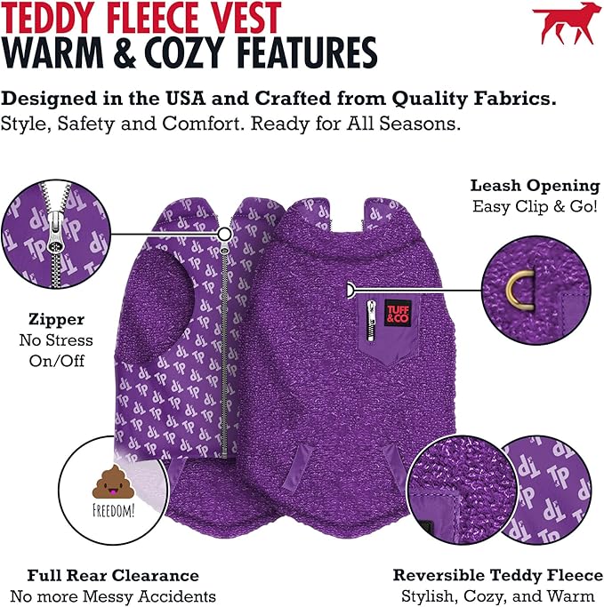 Tuff Pupper Reversible Fleece Sweater Vest for Dogs | Lightweight Comfortable Insulated Jacket | Front Zip Closure | Machine Washable | Built-in Leash Hole | Sizes for All Breeds (Large, Purple)