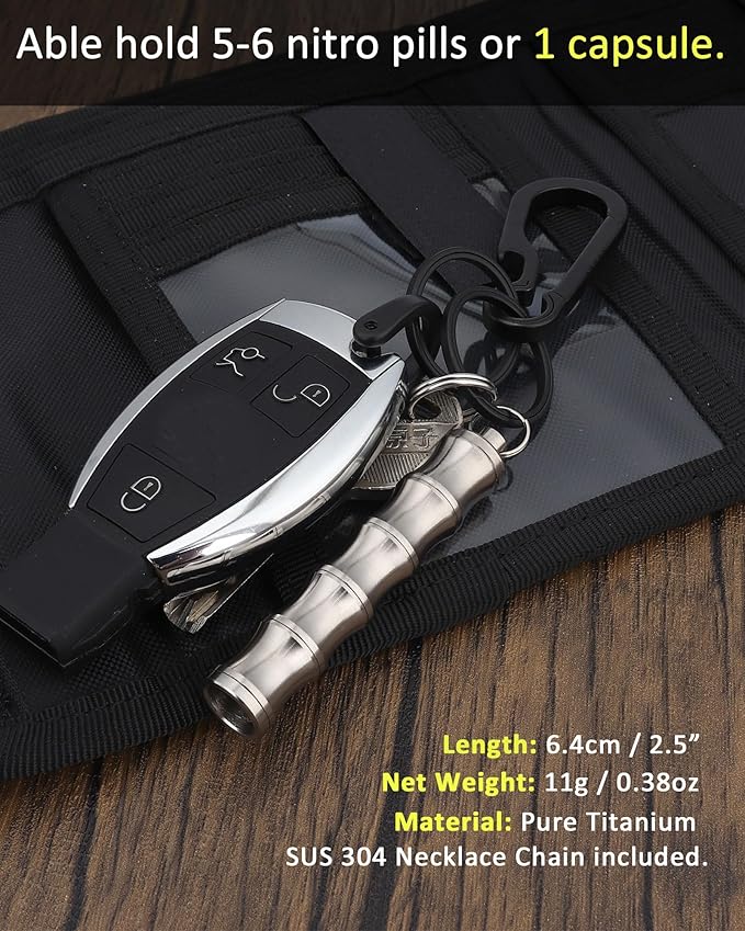 Titanium Pill Holder Necklace for Men Women Emergency Whistle Mini Keychain Nitro Pill Case with Loud Whistles EDC Safety Backpacking Survival Hiking Camping Pets Training