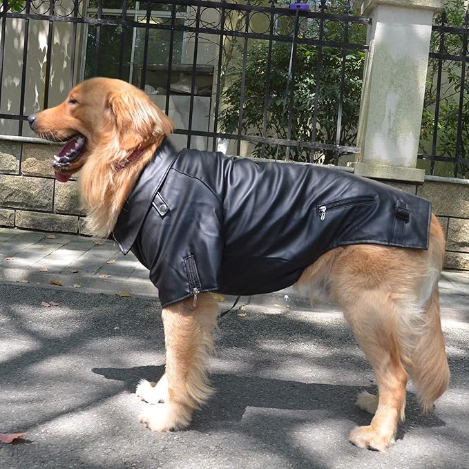 Lovelonglong Cool Dog Leather Jacket, Warm Coats Dogs Windproof Cold Weather Coats for Pugs Bulldog Pitbull Black B-M