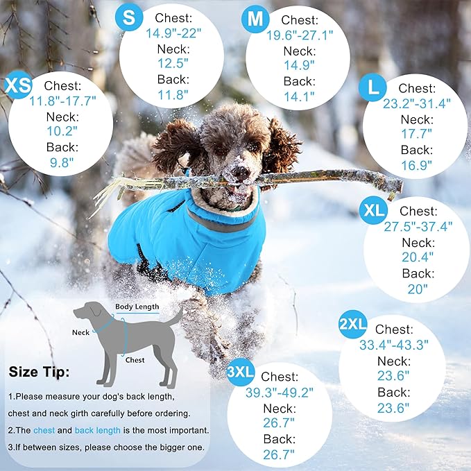 Dogcheer Dog Coat with Harness, Waterproof Dog Jacket Adjustable Pet Winter Coat with Zipper, Christmas Puppy Snow Jacket Fleece Sweater for Small Medium Large Dogs - Sky Blue 3XL