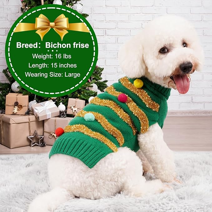 cyeollo Dog Sweater Dog Christmas Sweaters Glitter Pullover Turtleneck with Leash Hole Holiday Puppy Clothes for Small Dogs Cats