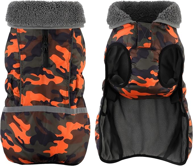 Dogcheer Warm Dog Coat, Waterproof Dog Jacket Christmas Puppy Winter Coat with Buckle, Reflective Adjustable Pet Snow Jacket Turtleneck Fleece Sweater for Small Medium Large Dogs - Orange Camo, 3XL