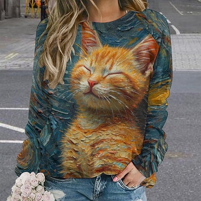 Long Sleeve Shirts for Women Cat Oil Painting Shirt 3D Graphic Sweatshirts Fall Pullover Crewneck Vintage Boho Tops