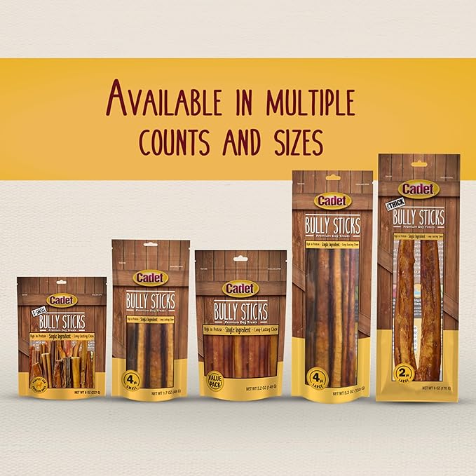 Cadet Bully Sticks for Small Dogs – All-Natural Beef Pizzle, High Protein, Low Fat, Long-Lasting, Grain & Rawhide-Free Dog Chews for Aggressive Chewers, Small (25 Count)