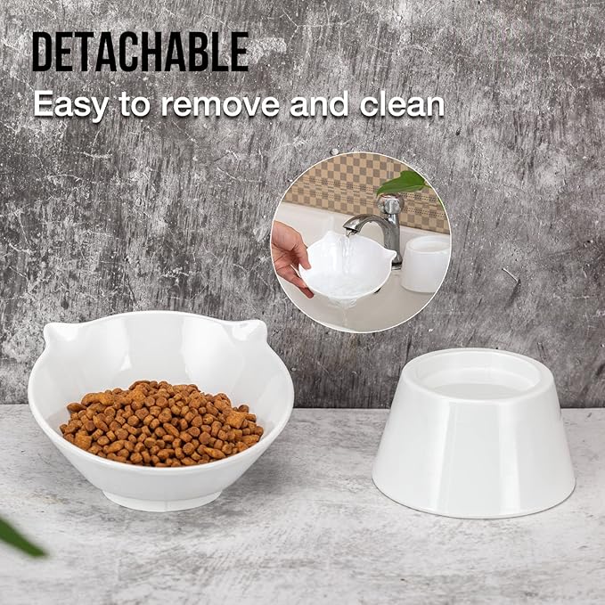 Detachable Elevated Cat Bowls, 15° Tilted Raised Cat Food Bowl Anti-Vomiting, Whisker Friendly, Adjustable Pet cat Dishes for Protecting Spine, Adult Kitten (White)
