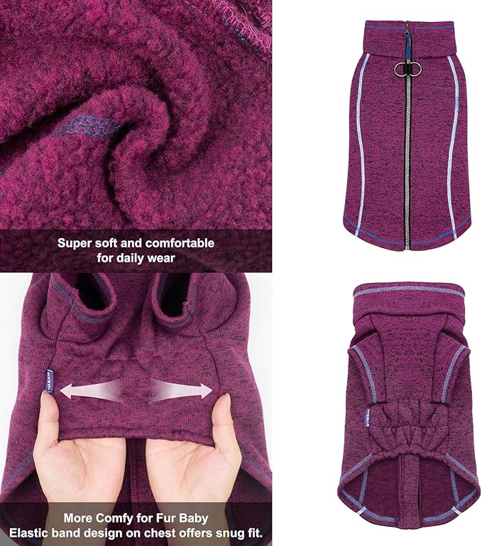 cyeollo Warm Dog Sweater with Zipper, Doggy Reflective Highneck Jackets with D Ring Step in Dog Winter Coats Fleece Female Stretchy Dogs Sweaters Pet Clothes for Small Dogs, Purple S