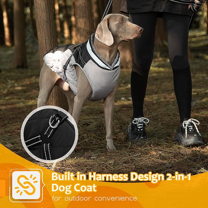 Dog Winter Coat with Harness, Dog Jacket, Pet Clothes with Zipper on Back, Waterproof Windproof Warm Vest, Reflective Cold Weather Coats, for Small Medium Large Dogs, Thick, Black, L