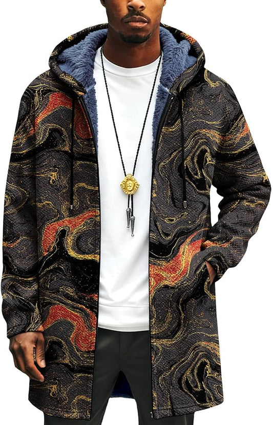 LIZALIG Long Hooded Cardigan Men Japanese Art Style Fashion Cool Graphic Coats Winter Warm Lined Fleece Jacket