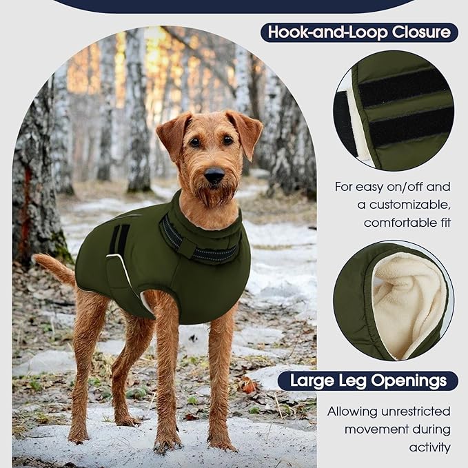 IECOii Big Dog Winter Coat for Giant Breed Dogs Waterproof Dog Jacket with Built in Collar, Reflective Dogs Coat Pet Snow Jacket for Great Dane Saint Bernard, Easy Outdoor Walking, Army Green - 5XL