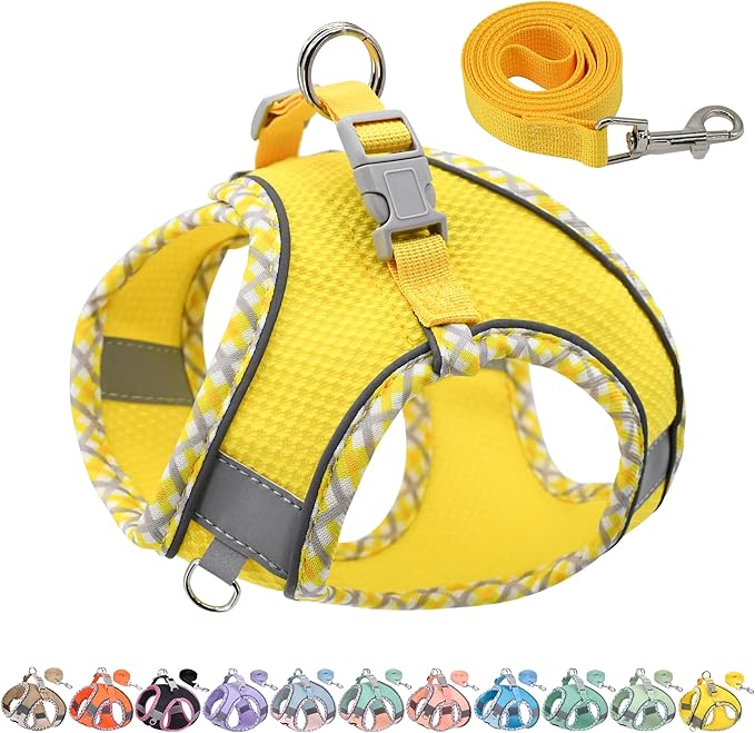 AIITLE Teacup Puppy Harness with Leash - Adjustable Soft Vest with Magic Magic Tape & Reflective Safety Strips, Easy-Put-On for Poodles, Pomeranians - Gym, Hiking, Travel (Yellow, S)