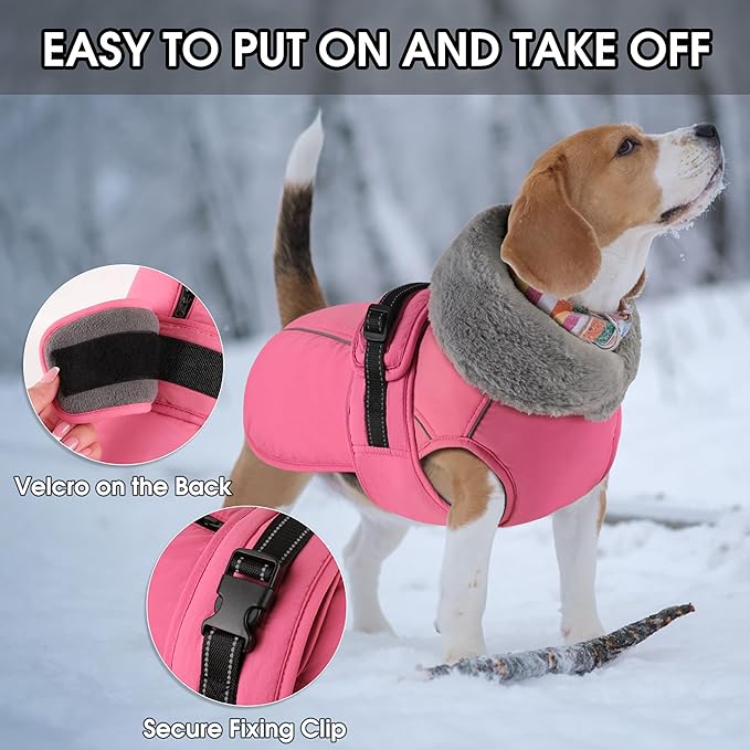 PETDSH Dog Coat Large, Windproof Dog Jacket with Warm Fleece Lining, Thickened Collar Dogs Winter Coat, Adjustable Reflective Pet Coats for Cold Weather (Pink, Large)