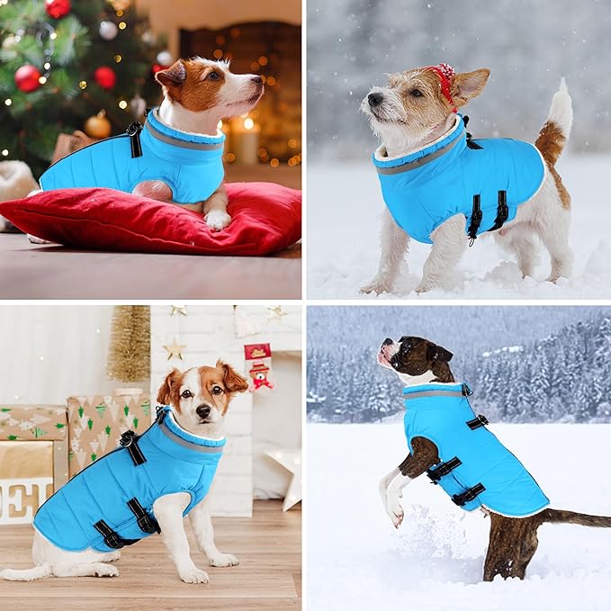 Dogcheer Dog Coat with Harness, Waterproof Dog Jacket Adjustable Pet Winter Coat with Zipper, Christmas Puppy Snow Jacket Fleece Sweater for Small Medium Large Dogs - Sky Blue S