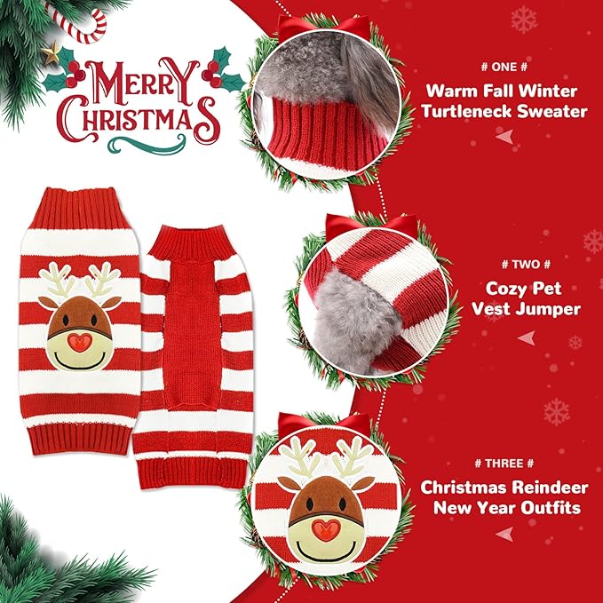 PETCARE Reindeer Christmas Dog Sweater Red Striped Cat Sweater Cartoon Elk Pet Vest Holiday Dog Clothes Puppy Sweaters for Small Medium Large Dogs Cats Fall Winter Outfits Xmas Dogs Costume,X-Small