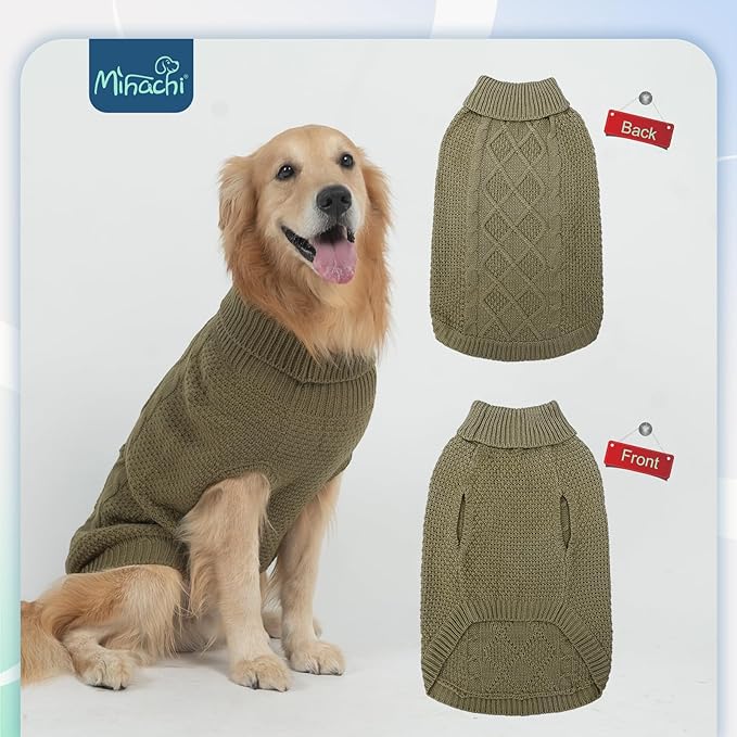 Mihachi Turtleneck Dog Sweater - Winter Coat Apparel Classic Cable Knit Clothes with Leash Hole for Cold Weather, Ideal Gift for Pet in New Year Army Green New M