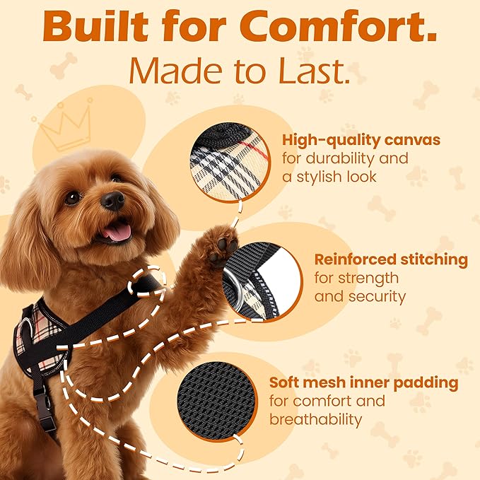 Bark Appeal Tan Plaid No-Pull Dog Harness for Extra Large Sized Pets – Adjustable, Reflective Vest with 3 Leash Clips for Added Control, Easy Walks & Training – XXL