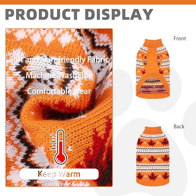 KOOLTAIL Cable Knit Dog Sweater Turtleneck, Cold Weather Pullover Classic Knitwear, Thick Warm Winter Pet Clothes, Fall Maple Leaves Thanksgiving Dog Sweater for Small Medium Large Dogs Cats,Orange SM