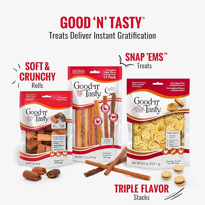 Good 'n' Tasty Triple Flavor Puree Mix-Ins Dog Food Topper Treats for All Dogs, 7 Count, Easy Single-Serve Portions, Added Protein with Duck, Beef and Rabbit, No Chicken Added