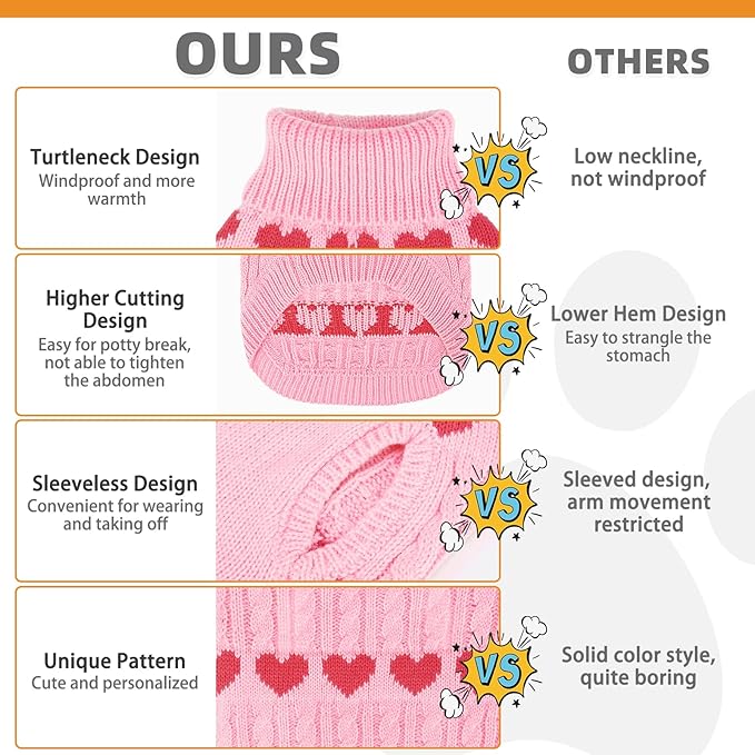 KOOLTAIL Cable Knit Dog Sweater Turtleneck, Cold Weather Pullover Classic Knitwear, Snowflake Pattern Thick Warm Winter Pet Clothes,Dog Christmas Sweater for Small Medium Large Dogs,Pink Heart SM