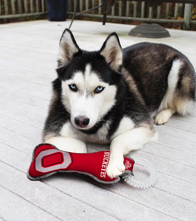 Pets First NCAA Ohio State Buckeyes Dental Dog TUG Toy with Squeaker. Tough PET Toy for Healthy Fun, Teething & Cleaning Pets Teeth & Gum