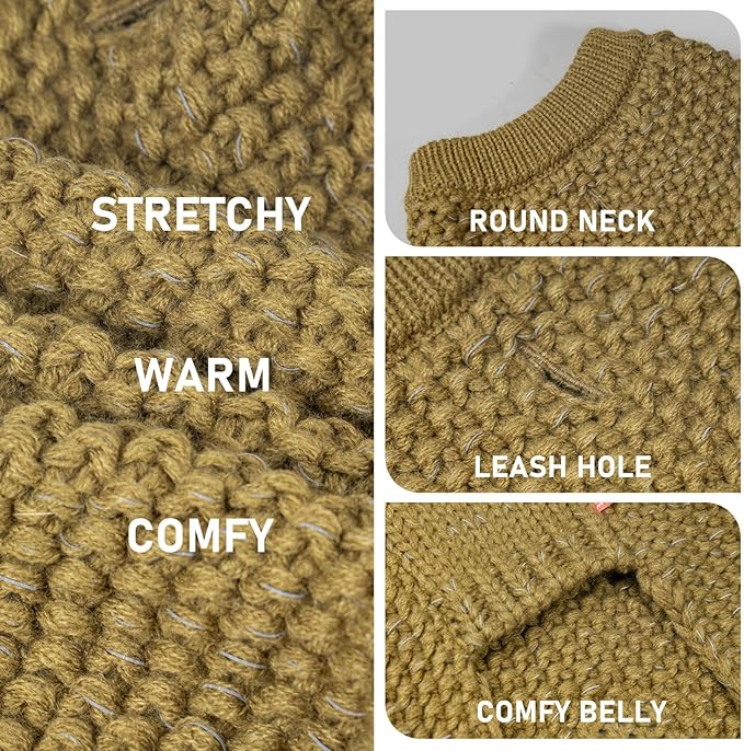 KYEESE Dog Sweater for Large Dogs with Leash Hole Warm Pullover with Reflective Yarn Male Thick Stretchy Knitwear Winter Soft Pet Coat boy for Cold Weather Comfy Dog Sweaters,Grey, XX-Large