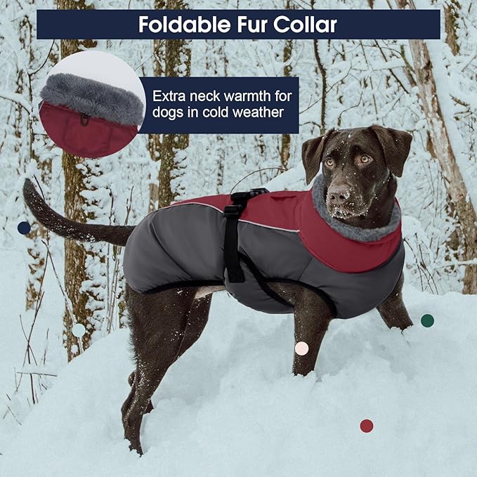 IECOii Extra Warm Dog Coat for Medium Dogs, Waterproof & Windproof Dog Jackets with Leash Hole, Adjustable Turtleneck Dog Winter Coat Reflectvie Pet Fleece Vest for Cold Weather, Burgundy, M
