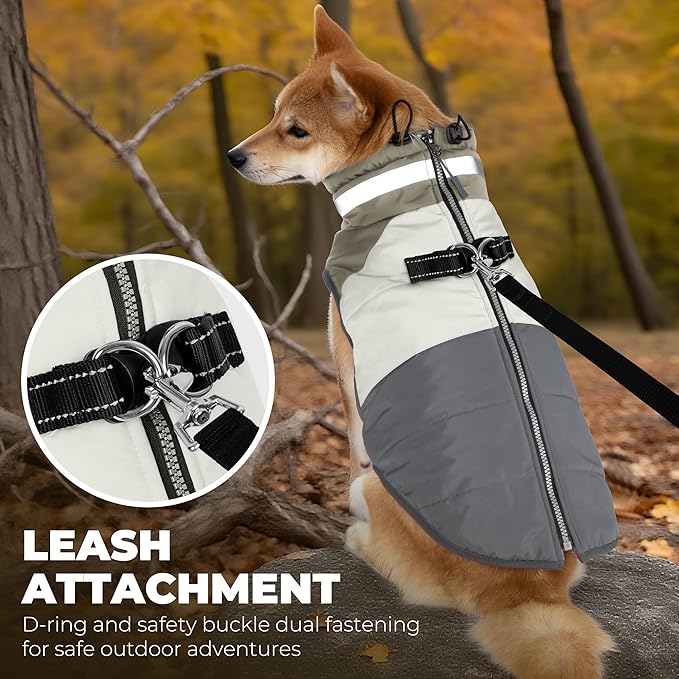 Dog Coat, Waterproof Dog Winter Jacket with Harness Built in, Turtleneck Warm Doggie Cold Weather Coats, Reflective Pet Vest for Indoor & Outdoor, Windproof Dogs Snowsuit, Grey Large