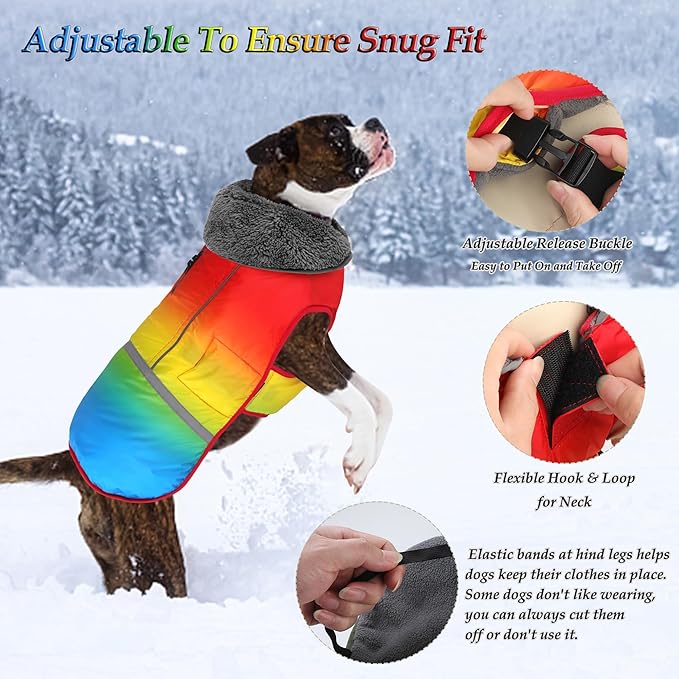 Dogcheer Warm Dog Coat, Waterproof Dog Winter Jacket Christmas Puppy Cold Weather Coats with Buckle, Reflective Adjustable Pet Snow Jacket for Small Medium Large Dogs - Gradient Red-Yellow, 2XL