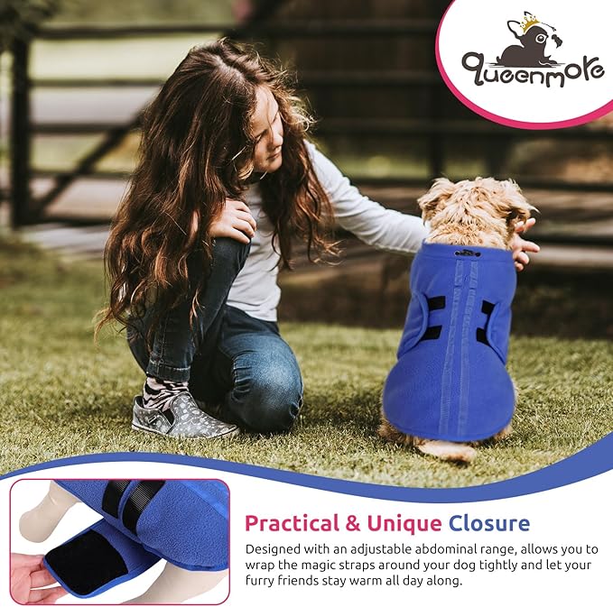 Queenmore XXL Dog Sweater, Soft Fleece Vest Pullover Jacket with Leash Hole, Warm Winter Coats for Cold Weather - Dachshund & Cat Sizes - Boy & Girl (Blue, XXL)