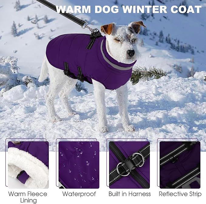 Small Dog Coat with Harness Built-in, Waterproof Reflective Fleece Lined - Warm Windproof Winter Jacket with Back Zipper, Cold Weather Snow Dog Coats - Purple - XS