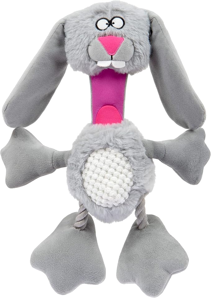 goDog Multi Tugs Rabbit Squeaky Plush & Rope Dog Toy, Chew Guard Technology - Gray, Small