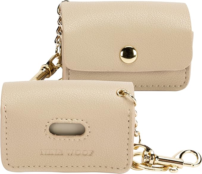 Nina Woof Leather Poop Bag Holder- Versatile Vegan Leather Waste Bag Holder for Dog Poop, Accessories, & Leash, Reusable Pet Waste, Trash, Pet Diaper & Poop Bags Small Pouch Holder (Beige)