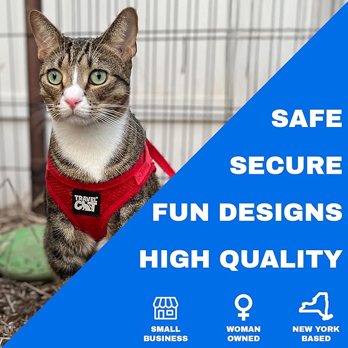 Travel Cat Harness and Leash Set - Adjustable Fit Mesh Cat Harness and Reflective Strap - Comfort Escape Proof Harness for Cats, Kitten for Outdoor Walking, Hiking (Large, Red)