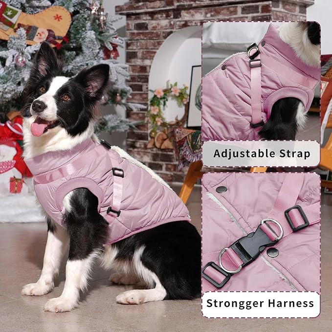 Dog Jacket with Harness,Fleece Lined Warm Puppy Coat for Winter,Soft Windproof Small Dog Vest,Light Pink M