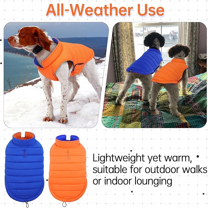 Lelepet Reversible Dog Coat Waterproof Dog Jacket Windproof Puffer Vest for Winter Warm Lightweight Coats for Small Dogs Adjustbale Hook & Loop Pet Apparel with Leash Hole, Pug, Orange, M
