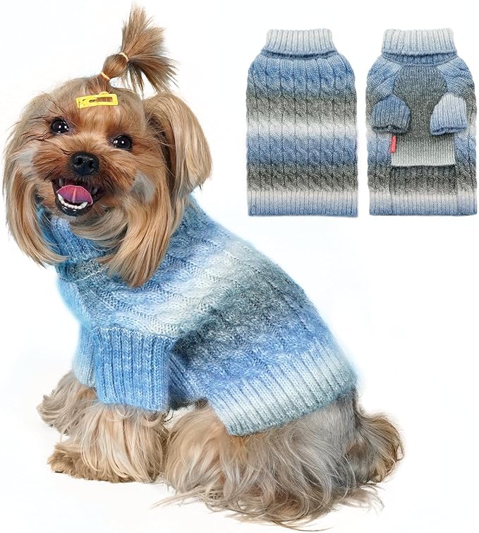 KYEESE Dog Sweater Cable Knit Thick Dog Knitwear Turtleneck Warm with Sleeves Fuzzy Dogs Clothes Gradient Color, Blue, Large