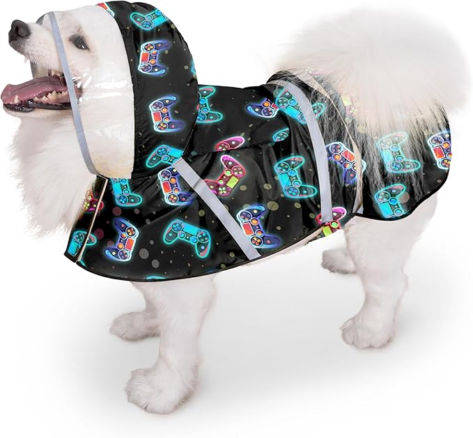 Dog Raincoat, Adjustable Rain Jacket with Hooded Double Layer for Large Medium Small Dogs Puppies, Lightweight Waterproof Rain Coat Poncho with Reflective Stripe Game Controller Black,M