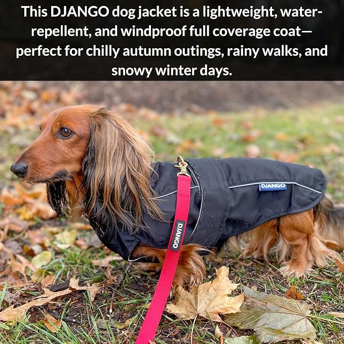 DJANGO Dog Jacket & Raincoat – Lightweight Water-Resistant Coat for Small, Medium & Long Dogs Like Dachshunds – Reflective, Adjustable Fit, Harness-Compatible & Easy-Access Harness Hole - Black, Small