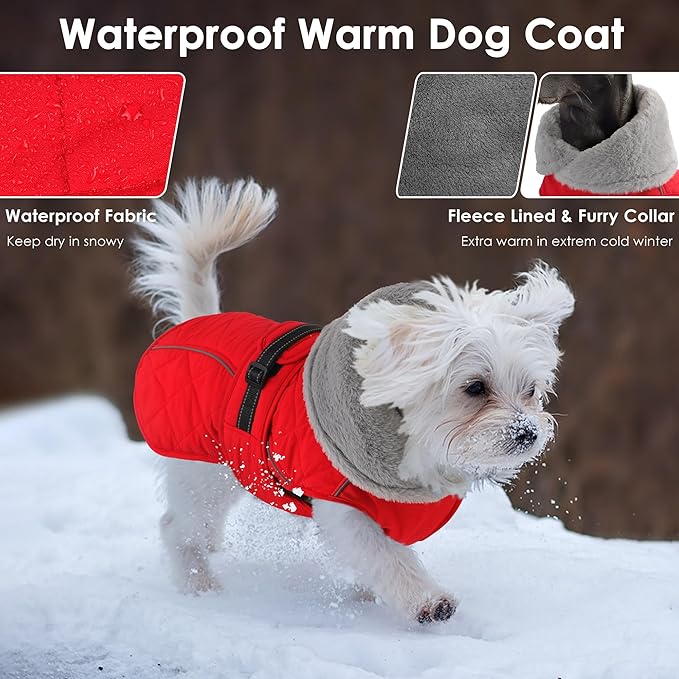Dog Coat, Waterproof Dog Winter Jacket with Adjustable Buckle, Reflective Turtleneck Pet Snow Vest Warm Fleece Sweater for Small Medium Large Dogs - Red, M