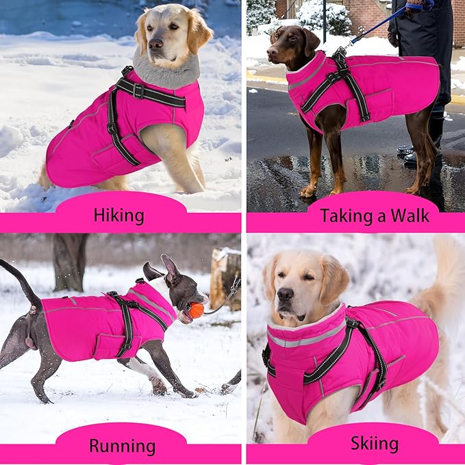 Doglay 2 in 1 Dog Coat with Harness Built-in, Waterproof Dog Winter Jacket with Pocket & Poop Bags, Reflective Adjustable Pet Winter Coat for Small, Medium, Large Dogs