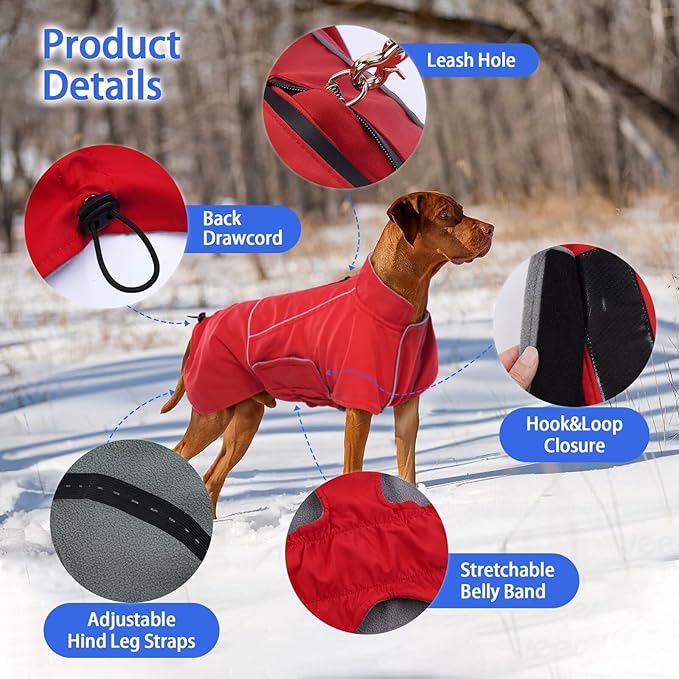 MIGOHI Dog Coat,Dog Jacket Waterproof,Winter Coat Windproof,XXL Fleece Jacket for Dogs Boy Girl,Cold Weather Coats for Dogs Hiking Camping,Golden Retriever,Labrador,Weimaraner,2XL,Red