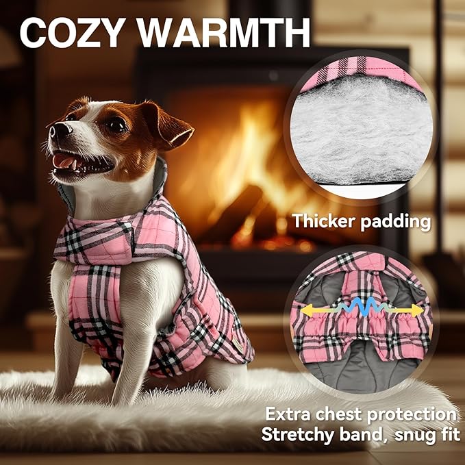 VIVAGLORY Softjoy Dog Coat, Dog Jacket for Winter & Christmas, Coat with Harness Hole & Velcro Closure, Reversible Plaid Checkered Warm Fluffy Heavy Duty for Puppy, M, Pink