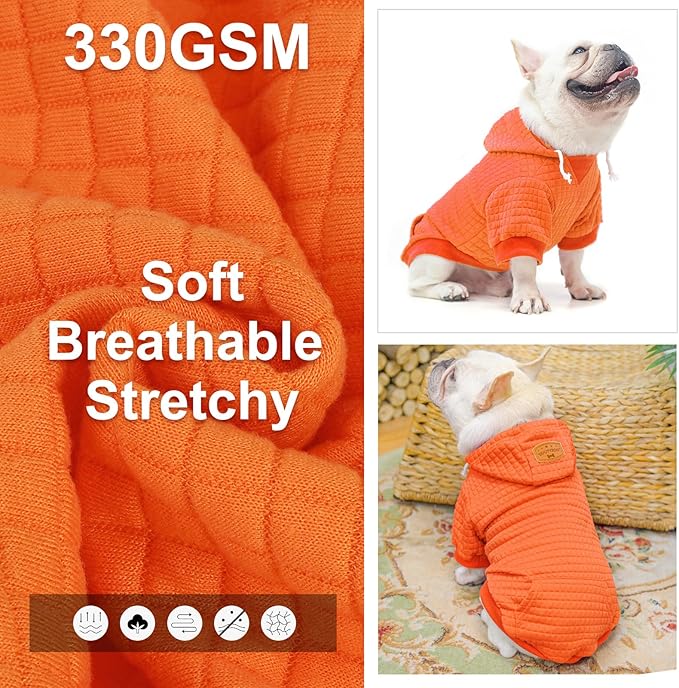 BEAUTYZOO Small Dog Hoodie Sweater with Pockets, Dog Clothes for Small Medium Dogs Boy Girl, Waffle-Like Laminated Cotton Pet Coats with Hat and Leash Hole, Orange L