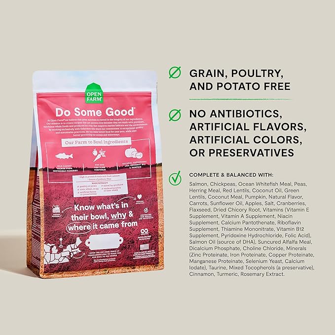 Open Farm, Grain-Free Dry Dog Food, Complete & Balanced Kibble, Sustainably & Ethically Sourced Ingredients, Non-GMO Veggies & Superfoods to Support Overall Health, Wild-Caught Salmon Recipe, 22lb Bag
