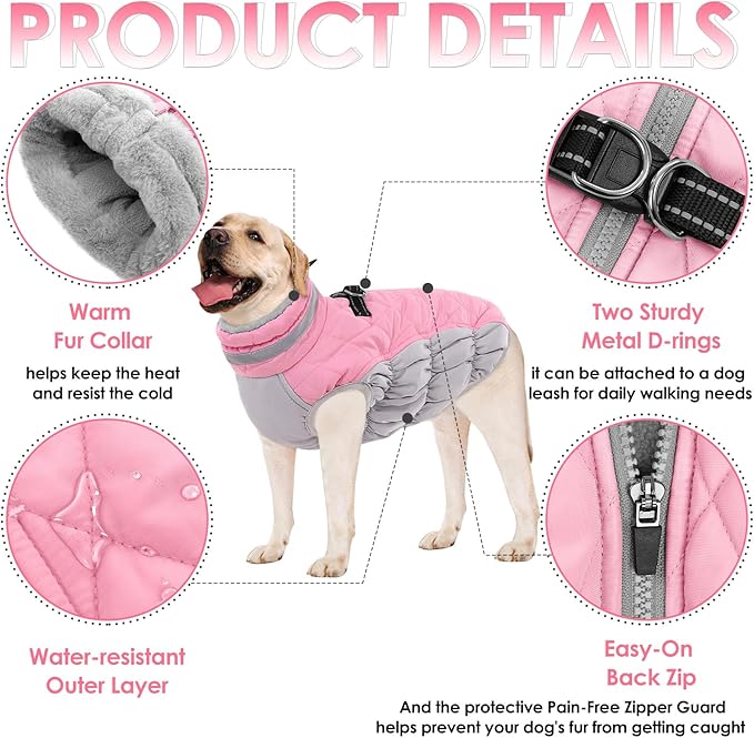 AOFITEE Dog Coat, Warm Dog Winter Coat for Large Dogs, Reflective Turtleneck Dogs Jacket with Harness Built in, Waterproof Windproof Pet Puffer Jacket Fleece Vest for Cold Weather, Pink XXXL