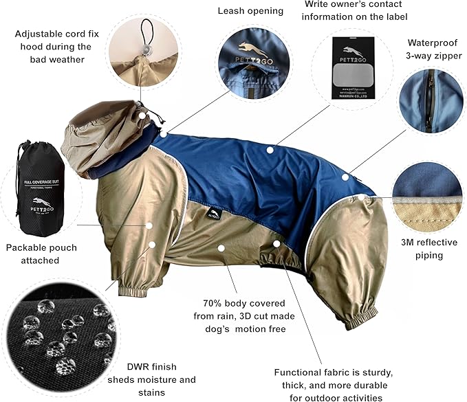 Dog Lightweight Windbreaker, Pet Outdoor Sports Jacket, 0.5 lbs,3 in One, Hooded, Easy on/Off with Collar and Harness, Reflective Piping, Packable, Dog Hiking/Camping, Navy Blue (Medium)